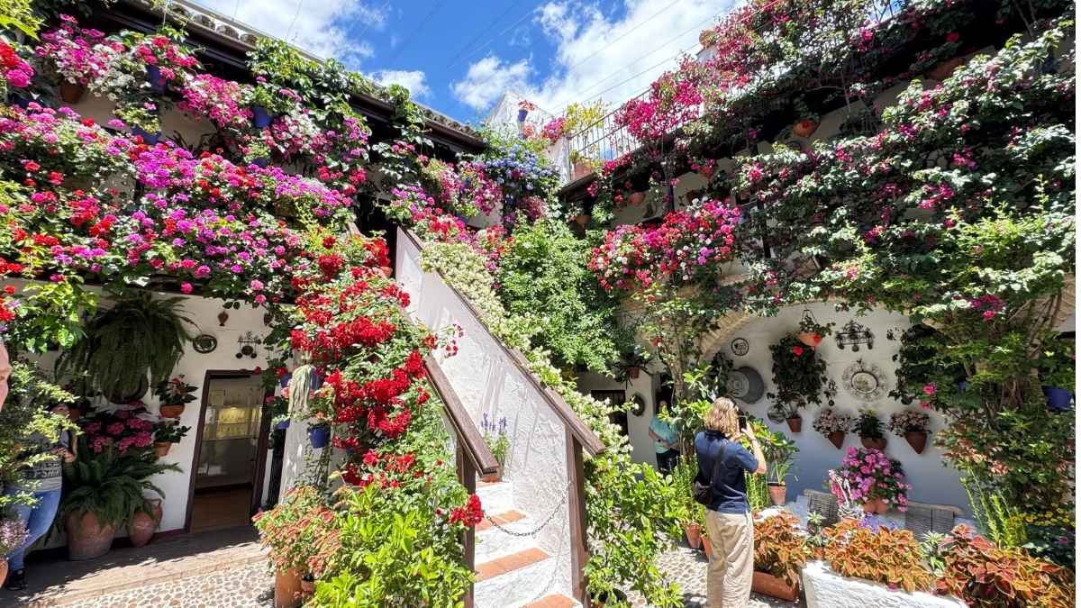 Kleurrijke Andalusische patio met bloemen tegen witte muren en balkons in Córdoba, symbool voor het bloemenfeest en de prijswinnende traditie van Belmez