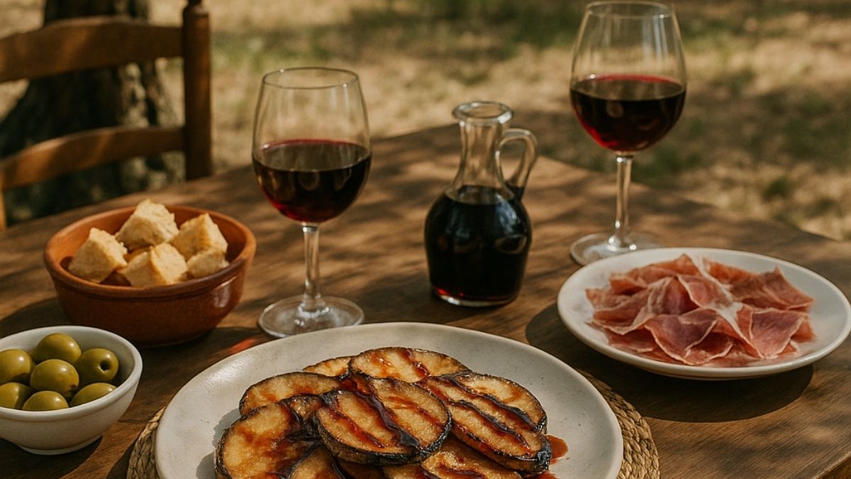 Traditionele berenjenas con miel de caña: gefrituurde aubergine met suikerrietstroop, geserveerd op een buitentafel met wijn, olijven en brood – Andalusische tapas bij Cortijo La Vista