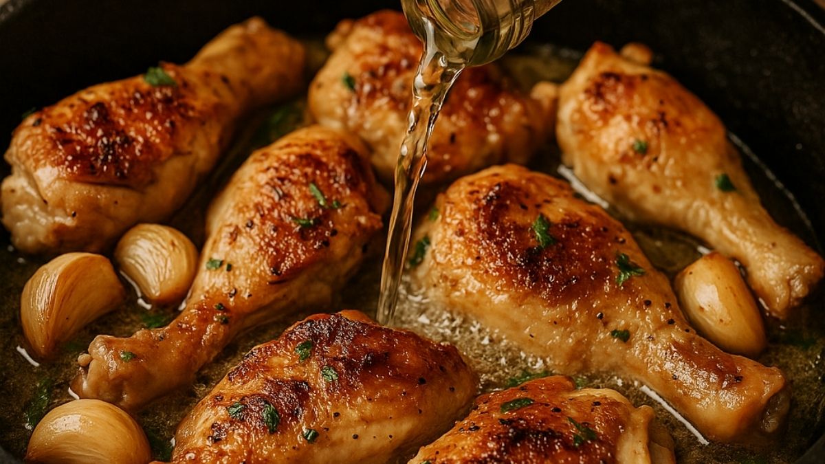 Pollo al ajillo – Spaanse kippenbouten met knoflook en witte wijn, sudderend in olijfolie, een klassiek gerecht uit Andalusië
