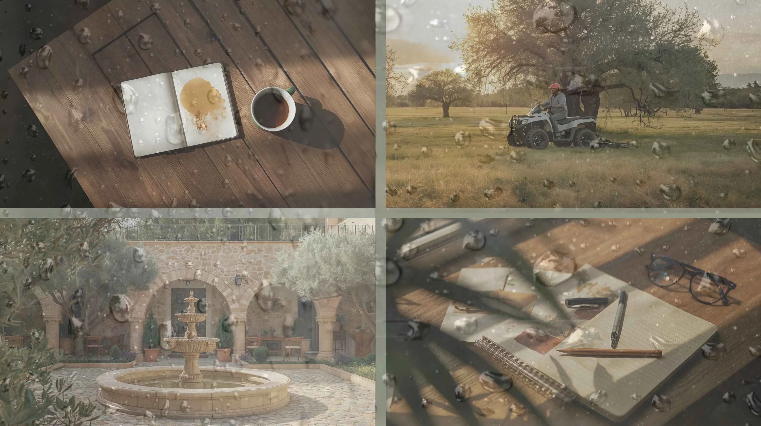 Four quiet scenes — coffee, plans, a quad and a fountain — all tied together by the rain, a gentle symbol of rest and preparation here in the Netherlands.