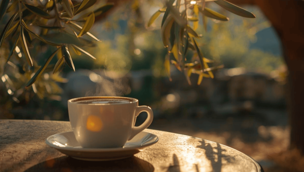 moment of calm with coffee on the terrace of Cortijo La Vista in Andalusia where new ideas arise