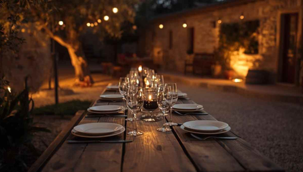 Long wooden table with set plates and glasses in an Andalusian cortijo at dusk, calm atmosphere with candles and warm lighting
