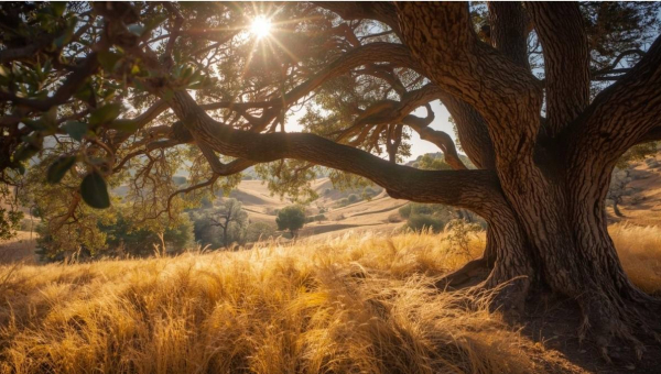 Goudgeel zomerlandschap in Andalusië met steeneiken en schapen in de schaduw – symbool voor stilte en vertraging bij Cortijo La Vista