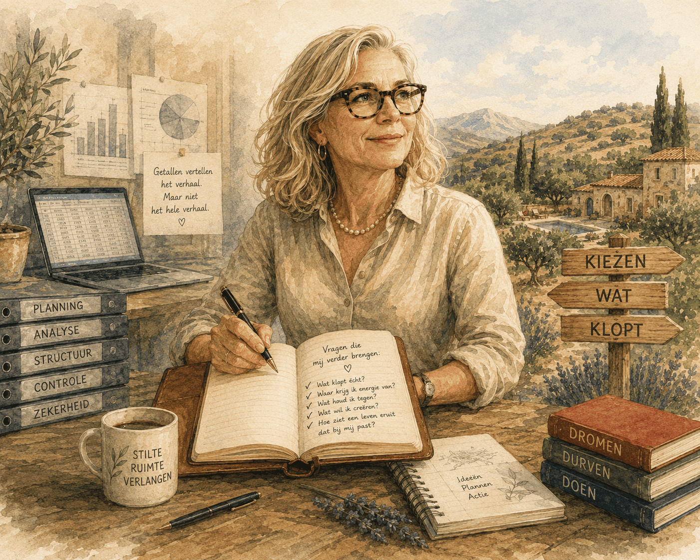 Illustratie van Danielle Schraven aan een schrijftafel met uitzicht op Cortijo La Vista in Andalusië, met notities over keuzes, verlangen en structuur.